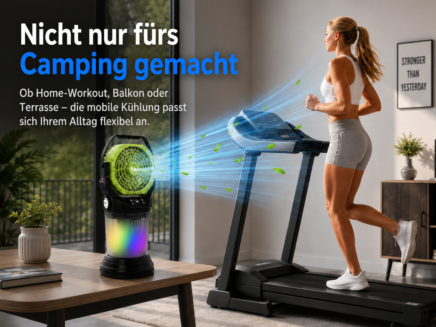 Frau läuft auf Laufband, Ventilator kühlt mit grünen Blättern.