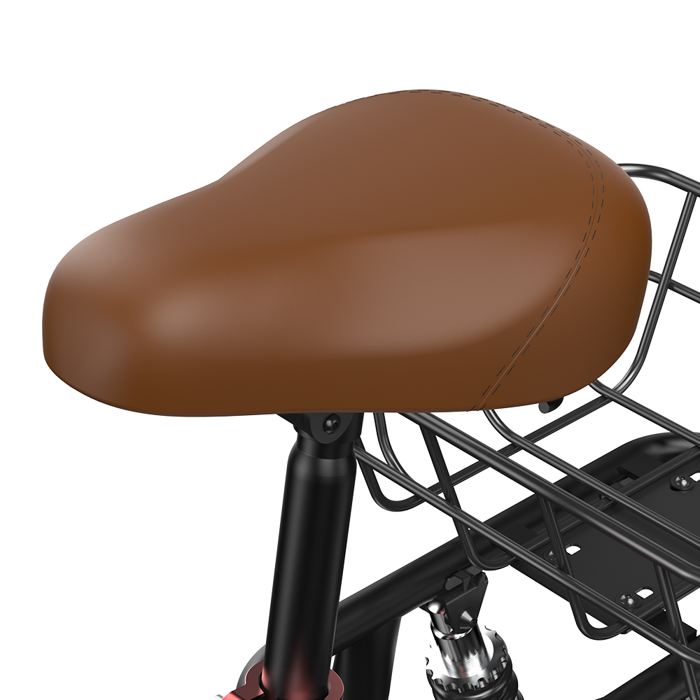 Sella da bicicletta marrone su telaio nero con portapacchi e ammortizzatore.