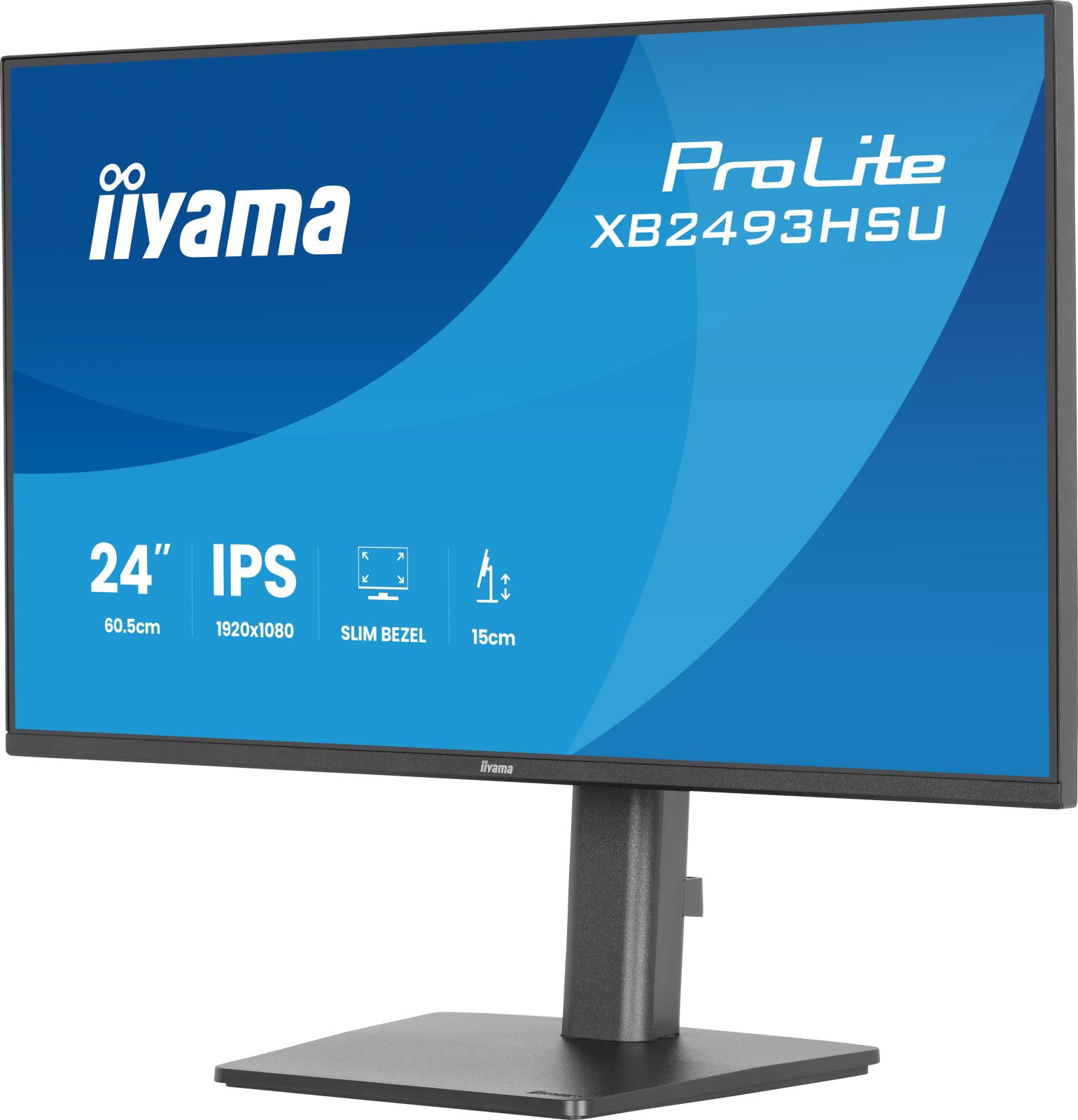 Un monitor Iiyama ProLite nero con schermo blu che mostra le specifiche. 24" IPS.