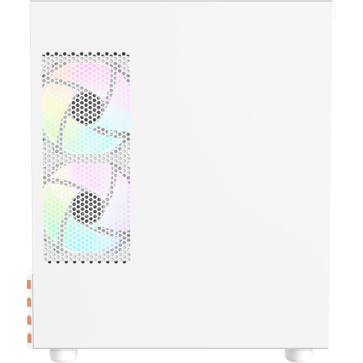 Ein weißes Computergehäuse mit zwei RGB-Lüftern auf der linken Seite.
