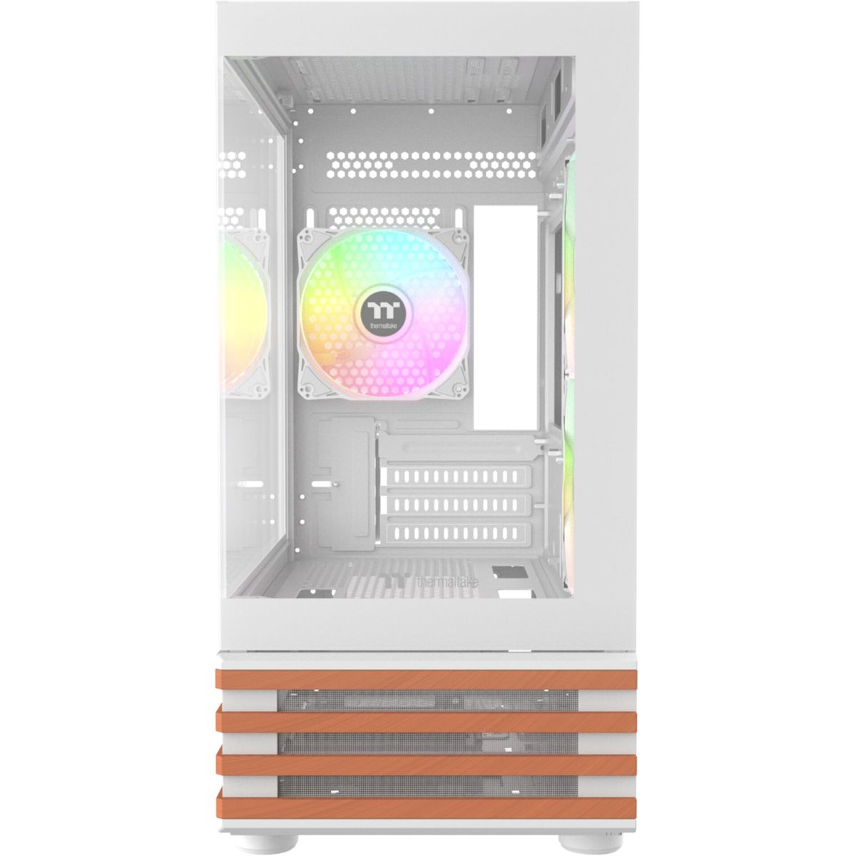 Ein weißes Computergehäuse mit RGB-Lüfter und Holzdetails.