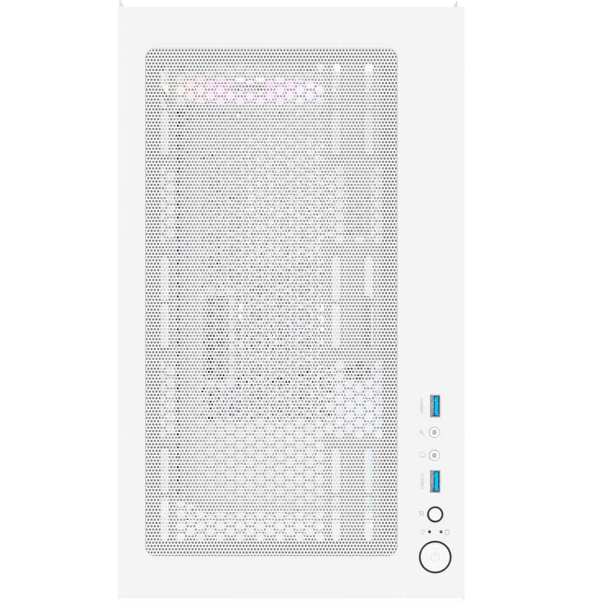 Ein weißes Computergehäuse mit perforierter Vorderseite und seitlichen Anschlüssen.