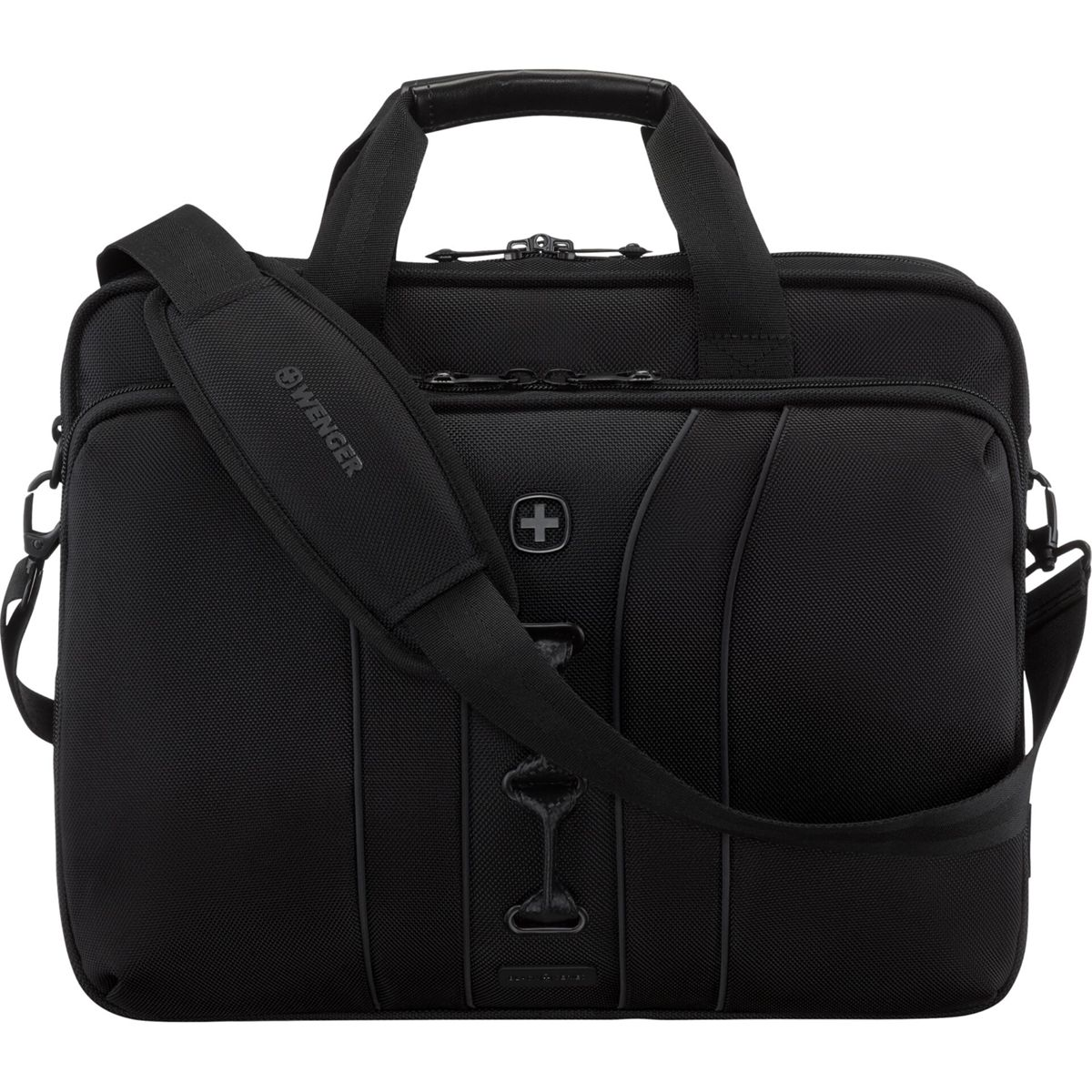 Zwarte Wenger laptoptas met handvatten en schouderband.