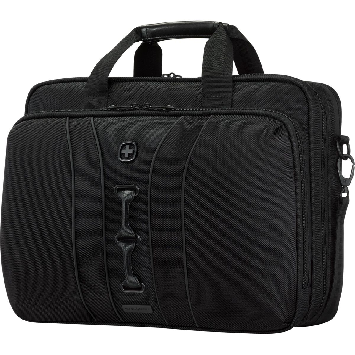 Zwarte laptoptas met handvatten en schouderband. Een kruissymbool is zichtbaar.