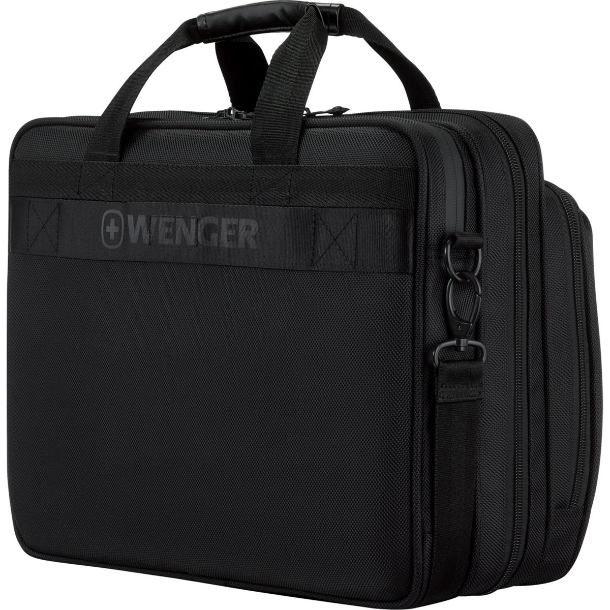 Zwarte Wenger laptoptas met handvatten en schouderband