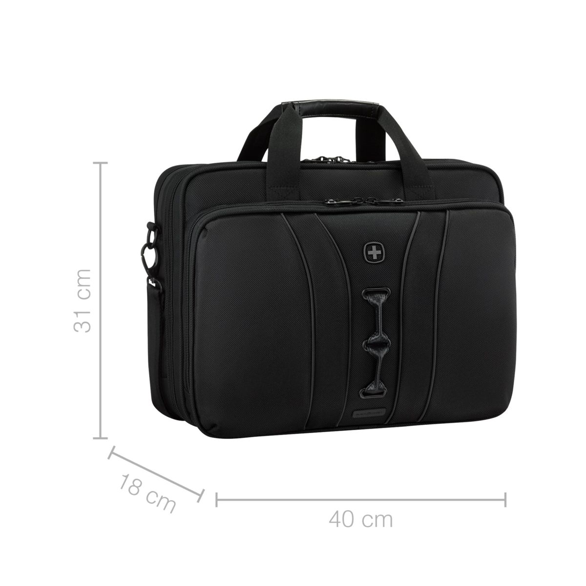 Zwarte laptoptas met handvatten, afmetingen 40x18x31 cm.