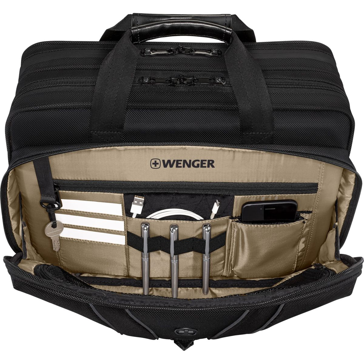 Een open zwarte Wenger laptoptas met georganiseerde vakken voor sleutel, kaarten, pennen, telefoon en kabels.