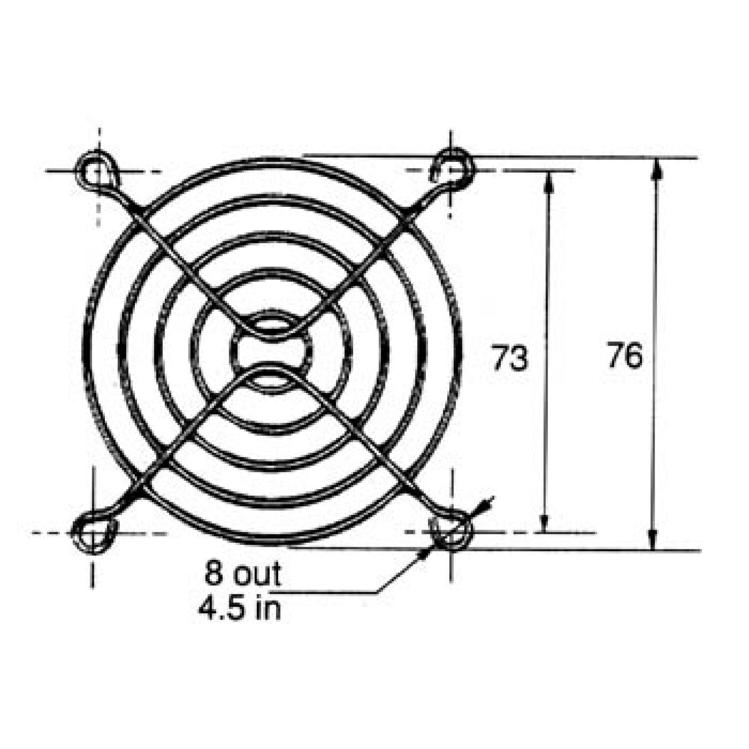 Diagramma di una griglia metallica rotonda per ventola con fori di montaggio e dimensioni.
