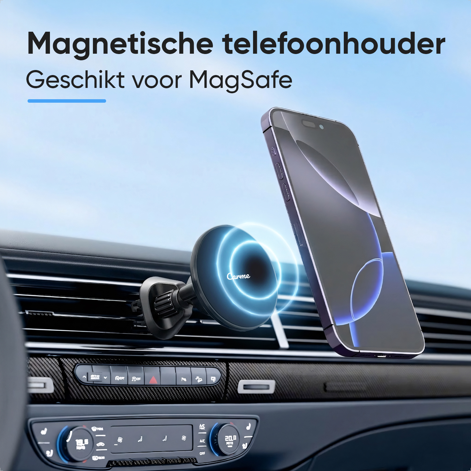 Magnetic car phone mount holding a MagSafe-compatible smartphone. Car interior.