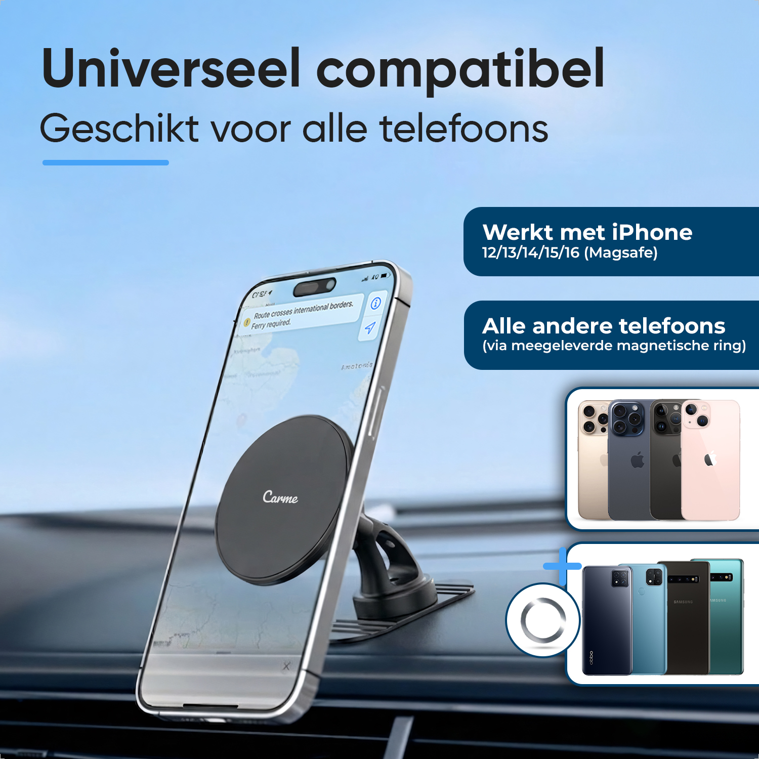 A phone mount with iPhones and Android phones. Universally compatible.