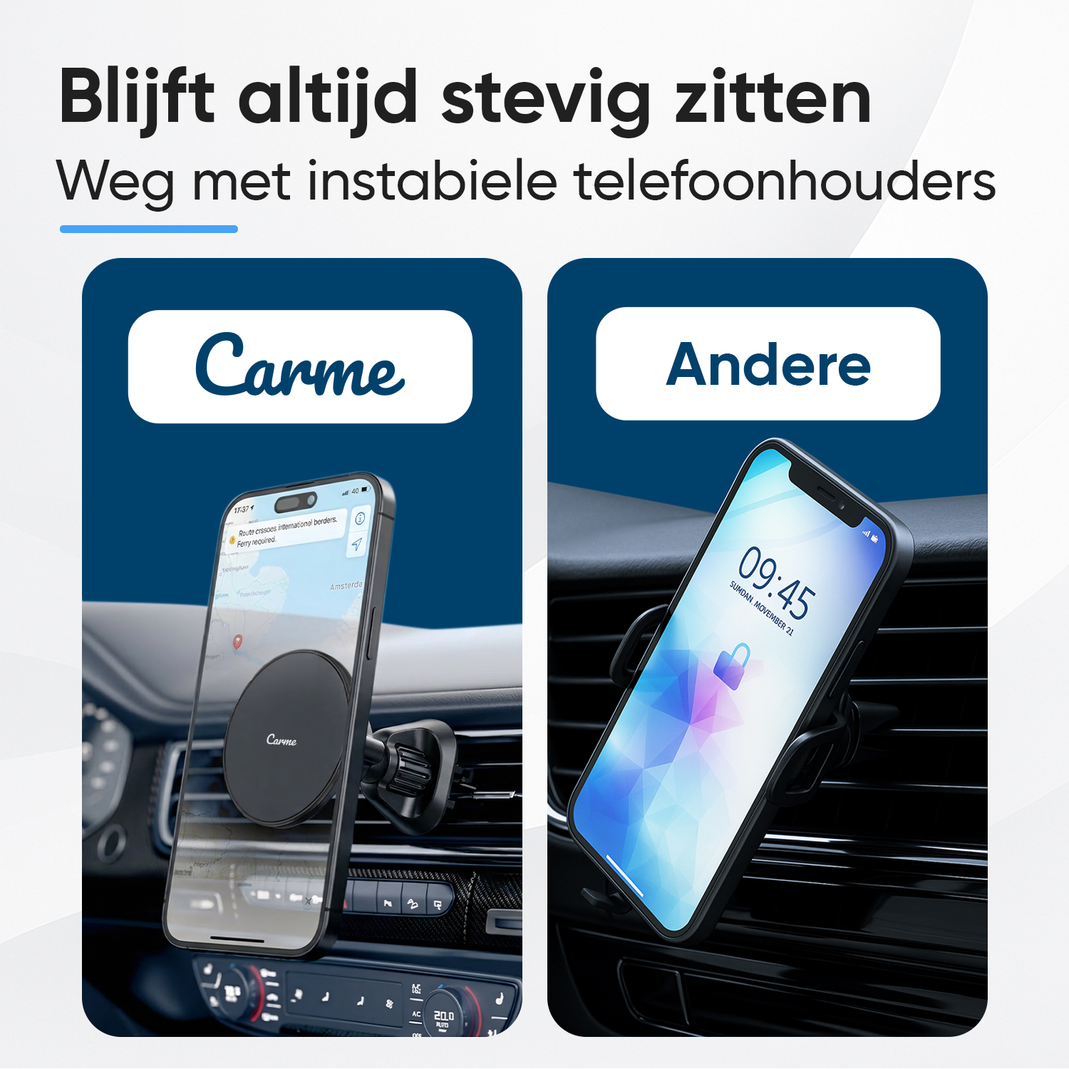 Two car phone mounts: one magnetic, one clip-on. One shows map, other shows lock screen.