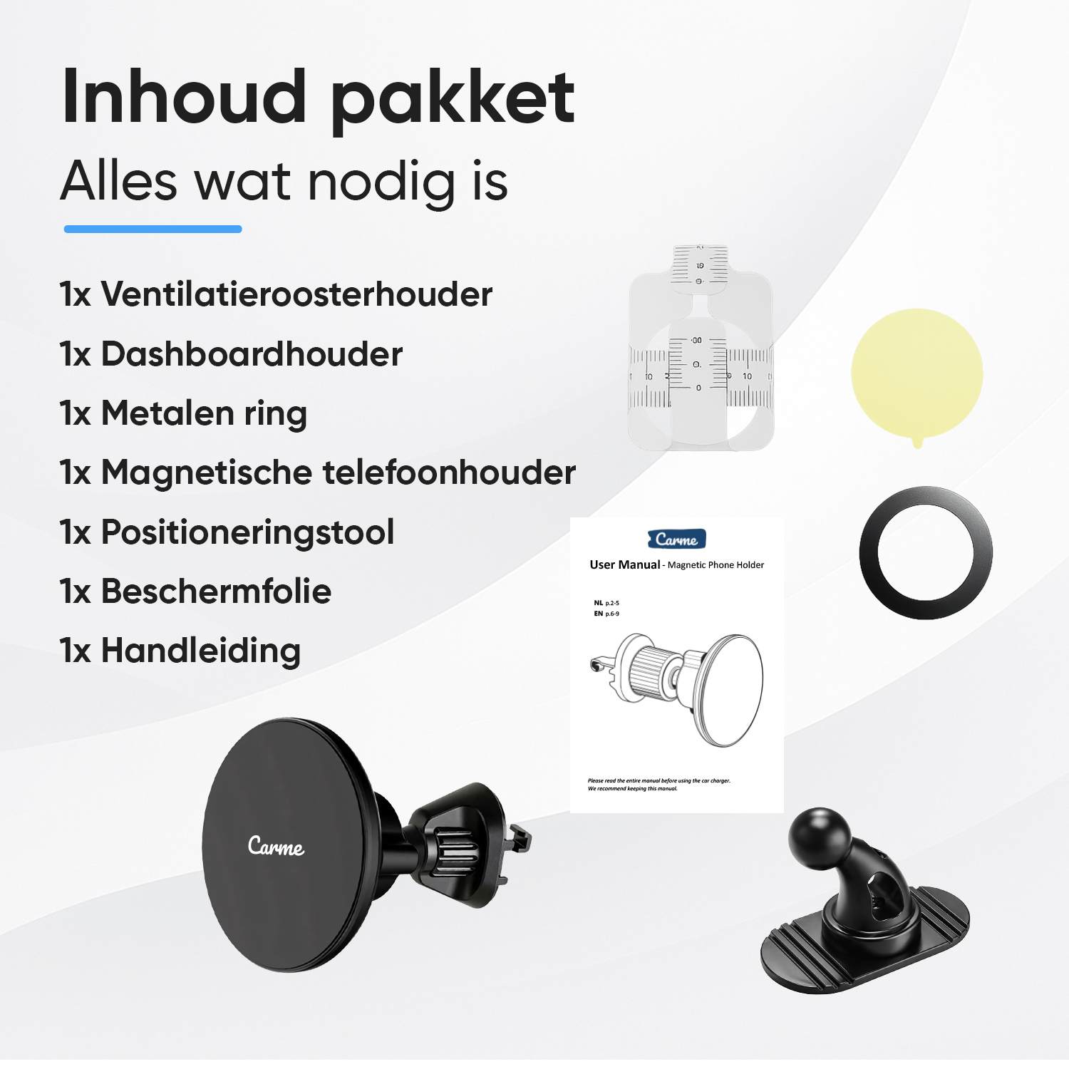 Carme phone holder package contents: vent, dash, metal ring, holder, tool, film, manual.