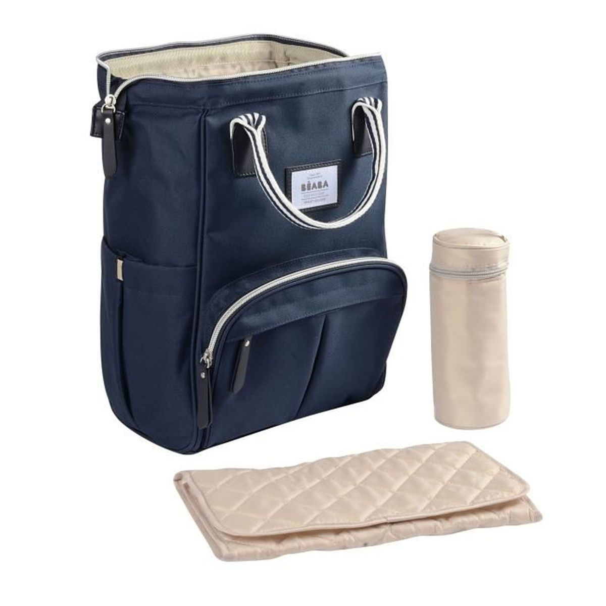 Eine marineblaue Beaba-Rucksacktasche mit Wickelauflage und Flaschenhalter.