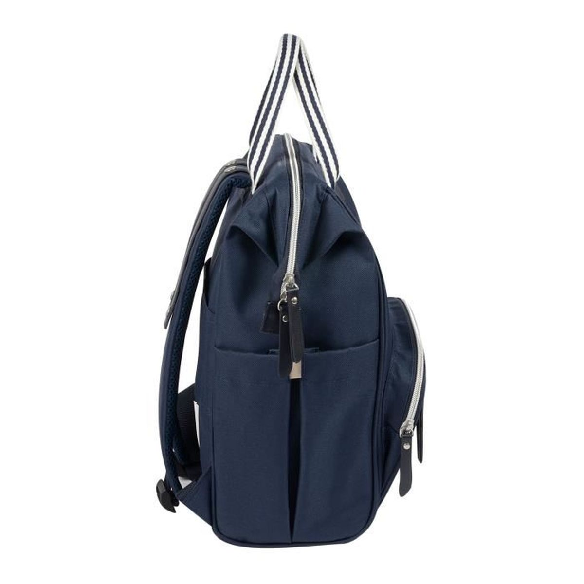 Dunkelblauer Rucksack mit weißen Streifen an den Trägern und silbernen Reißverschlüssen.