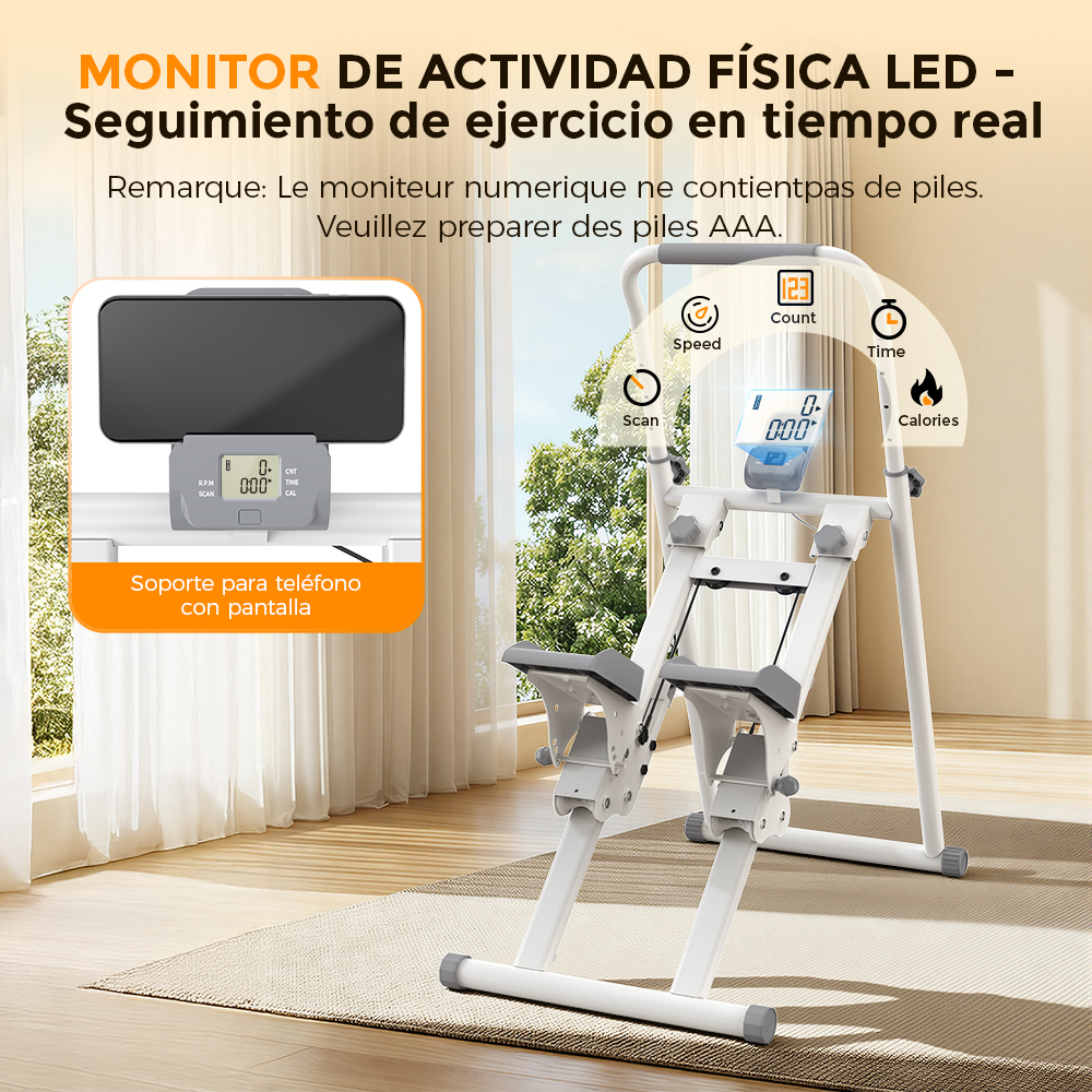 Una máquina de ejercicio en casa con soporte para teléfono y pantalla digital que muestra velocidad, cuenta, tiempo y calorías.