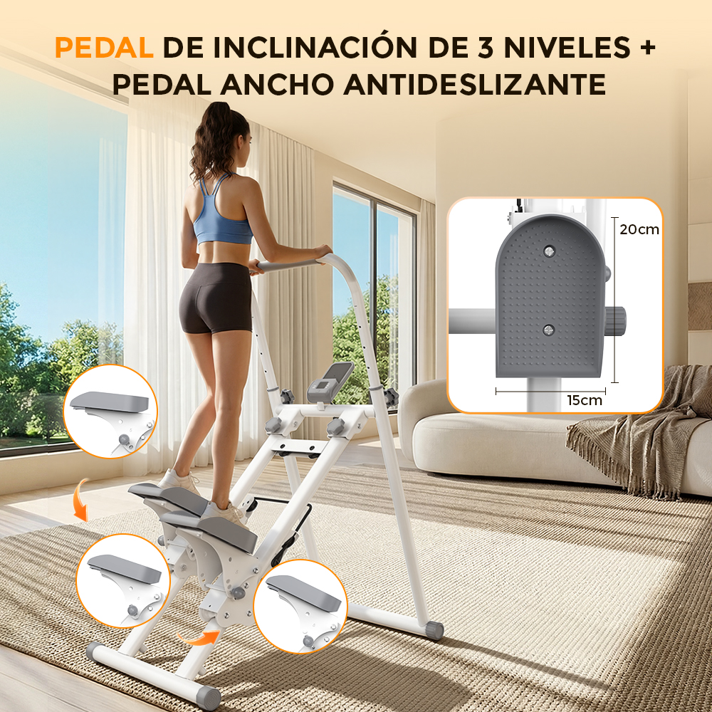 Mujer en un stepper con pedales anchos y antideslizantes en una habitación.