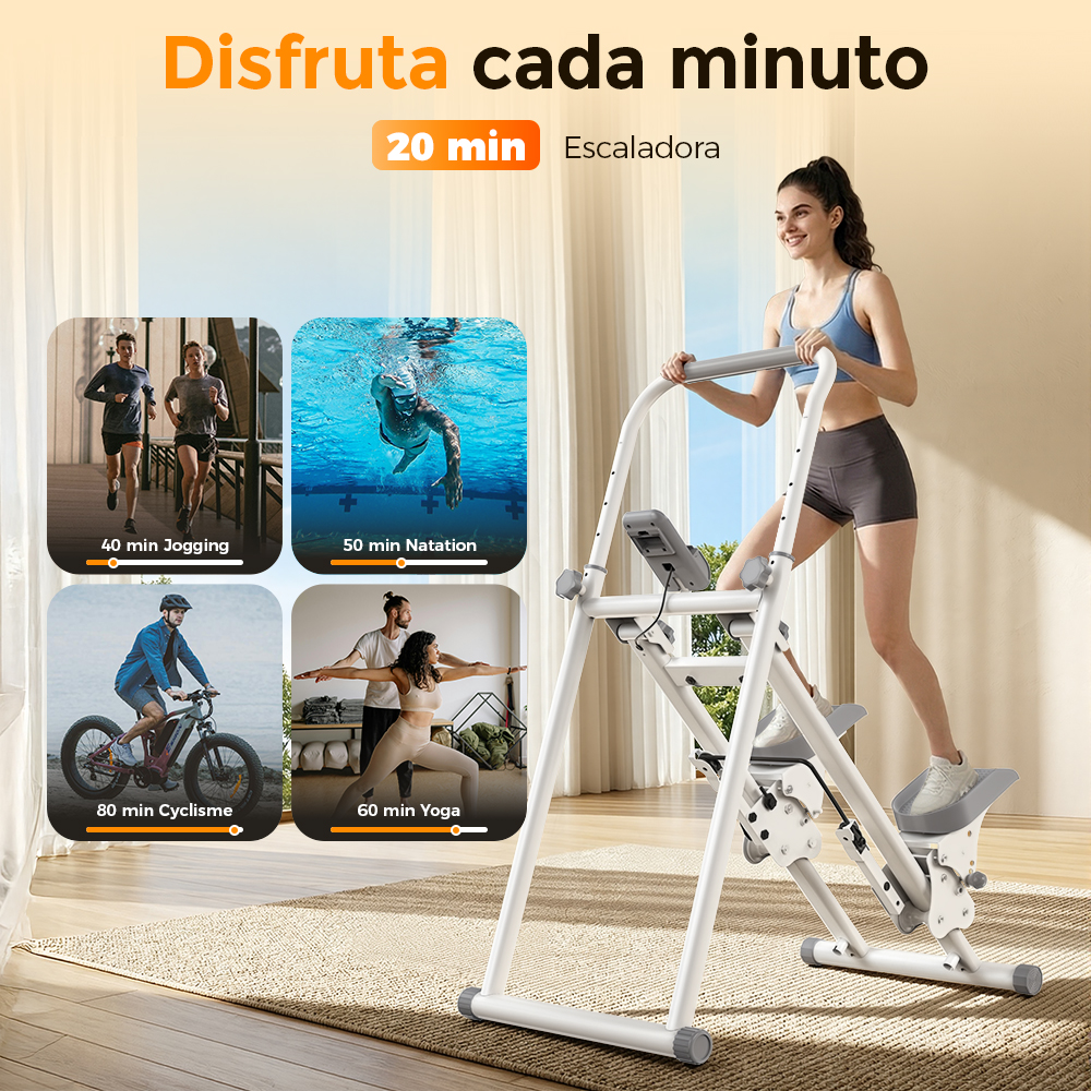 Una mujer se ejercita en un stepper, con imágenes de jogging, natación, ciclismo y yoga.