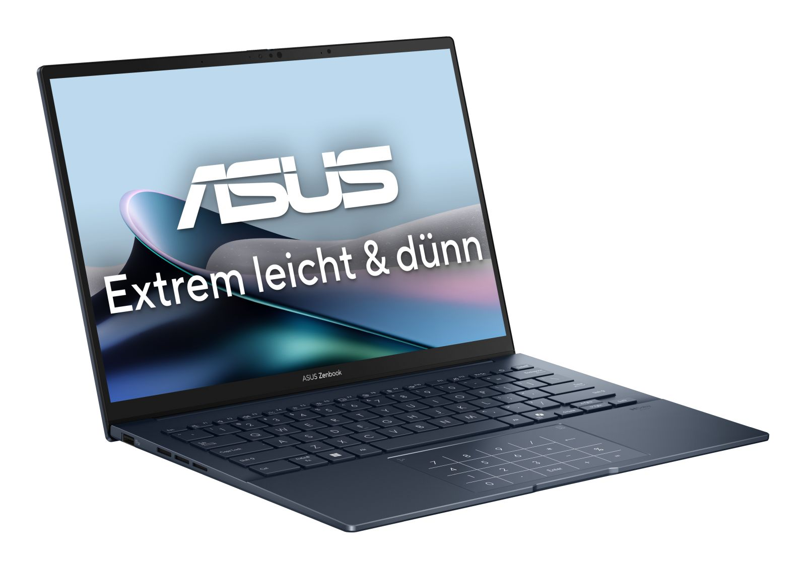 Dunkelblauer Asus Zenbook Laptop mit beleuchteter Tastatur und Nummernblock.