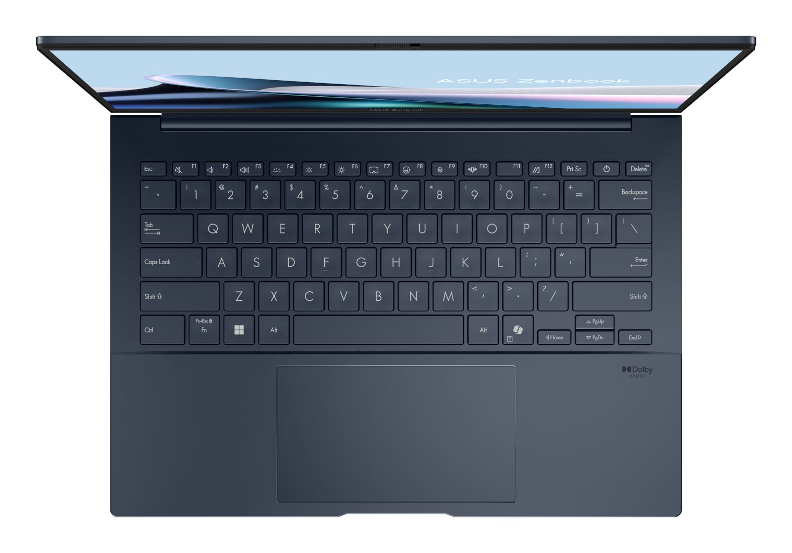 Dunkelblaues ASUS Zenbook Laptop mit geöffnetem Bildschirm, Tastatur und Trackpad.