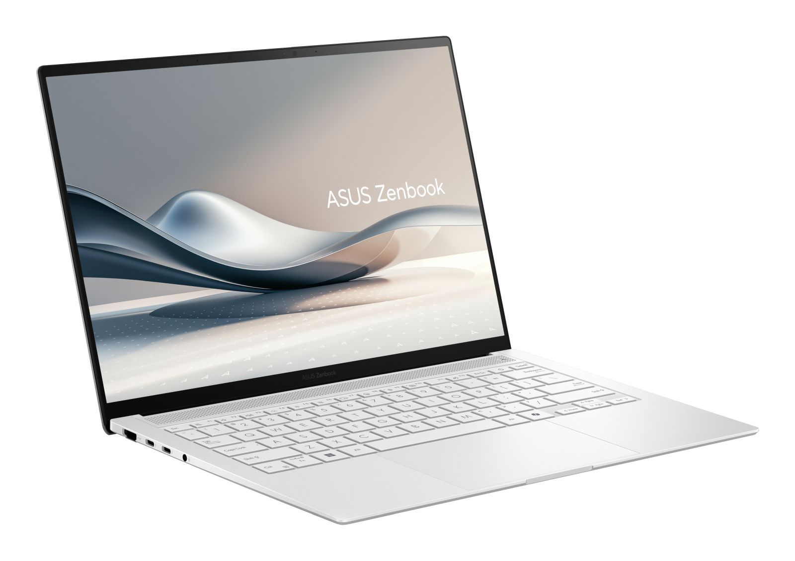 Ein weißer Asus Zenbook Laptop mit geöffnetem Bildschirm, der das Logo zeigt.