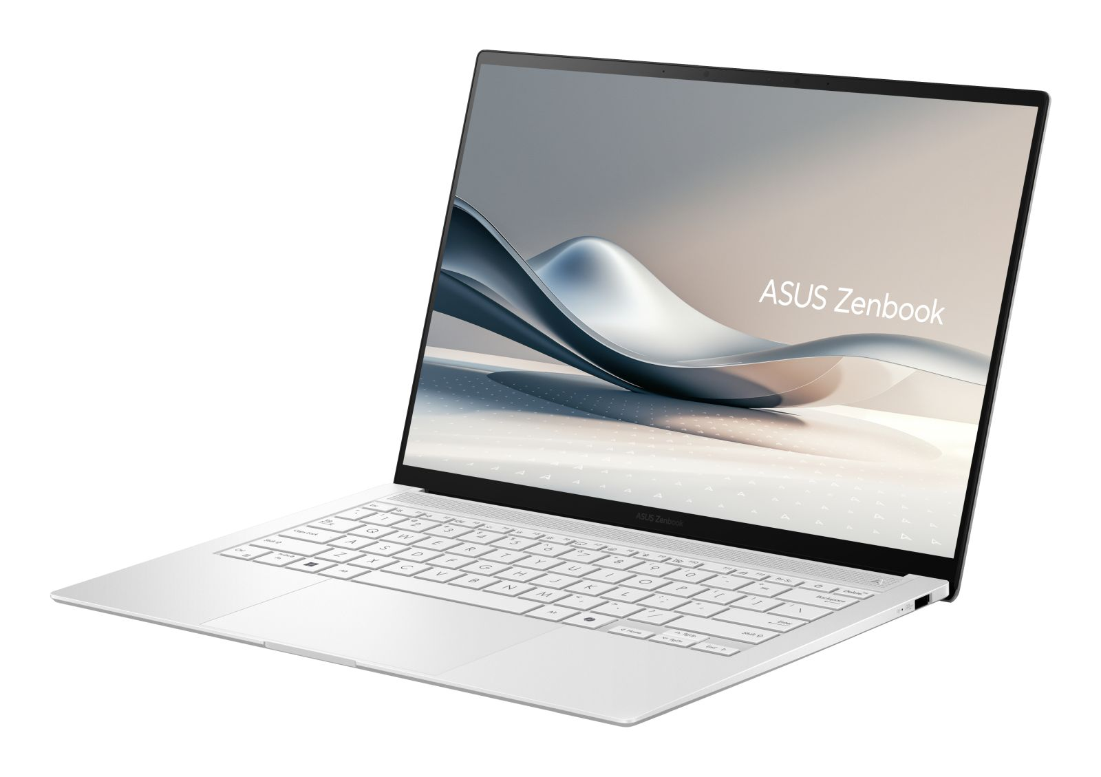 Ein weißer Asus Zenbook Laptop mit beleuchteter Tastatur und einem abstrakten Hintergrund auf dem Bildschirm.