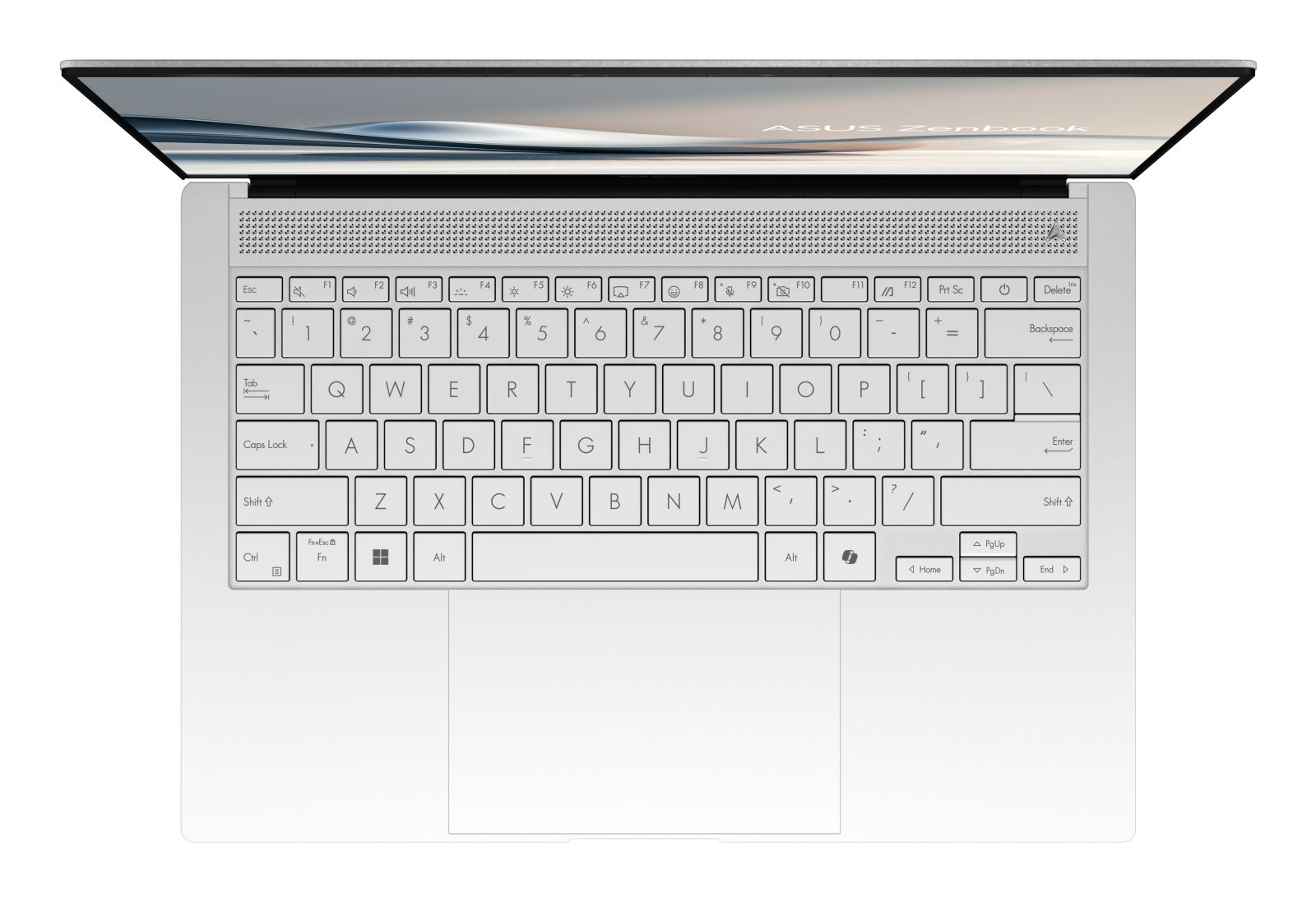 Draufsicht auf einen silbernen Asus Zenbook Laptop, geöffnet mit sichtbarer Tastatur und Touchpad.