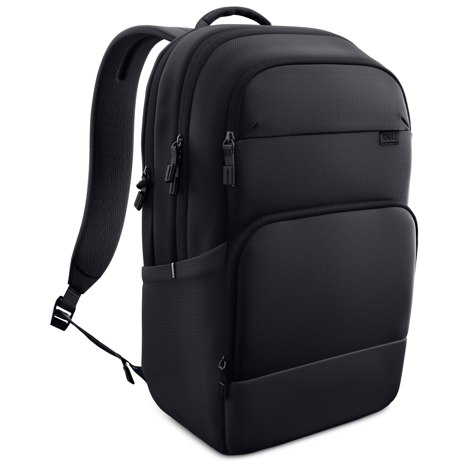 Uno zaino Dell nero con spallacci imbottiti e tasche multiple con cerniera.