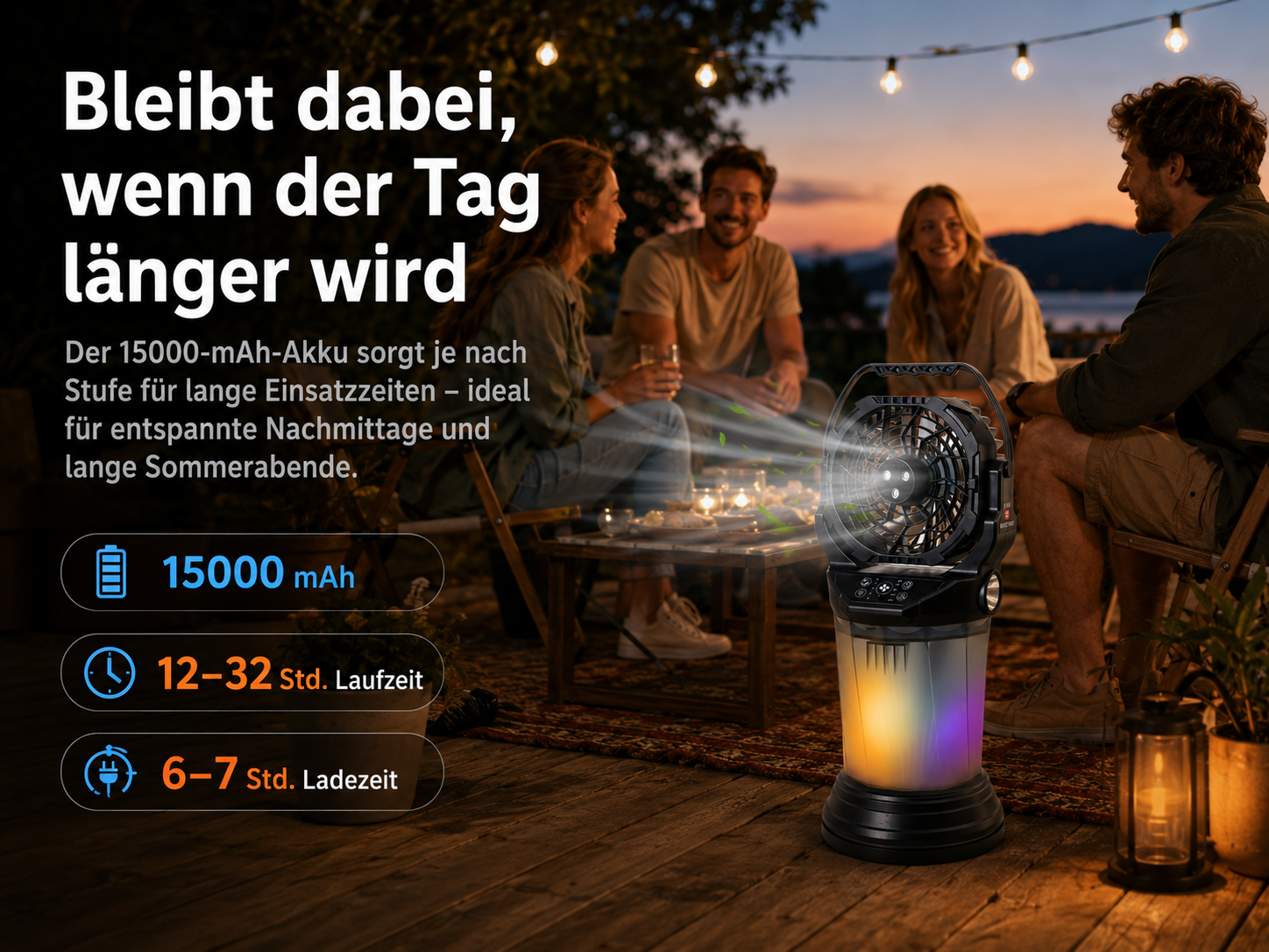 Ein tragbarer Ventilator mit Licht wird von vier Personen im Freien bei Sonnenuntergang genutzt.
