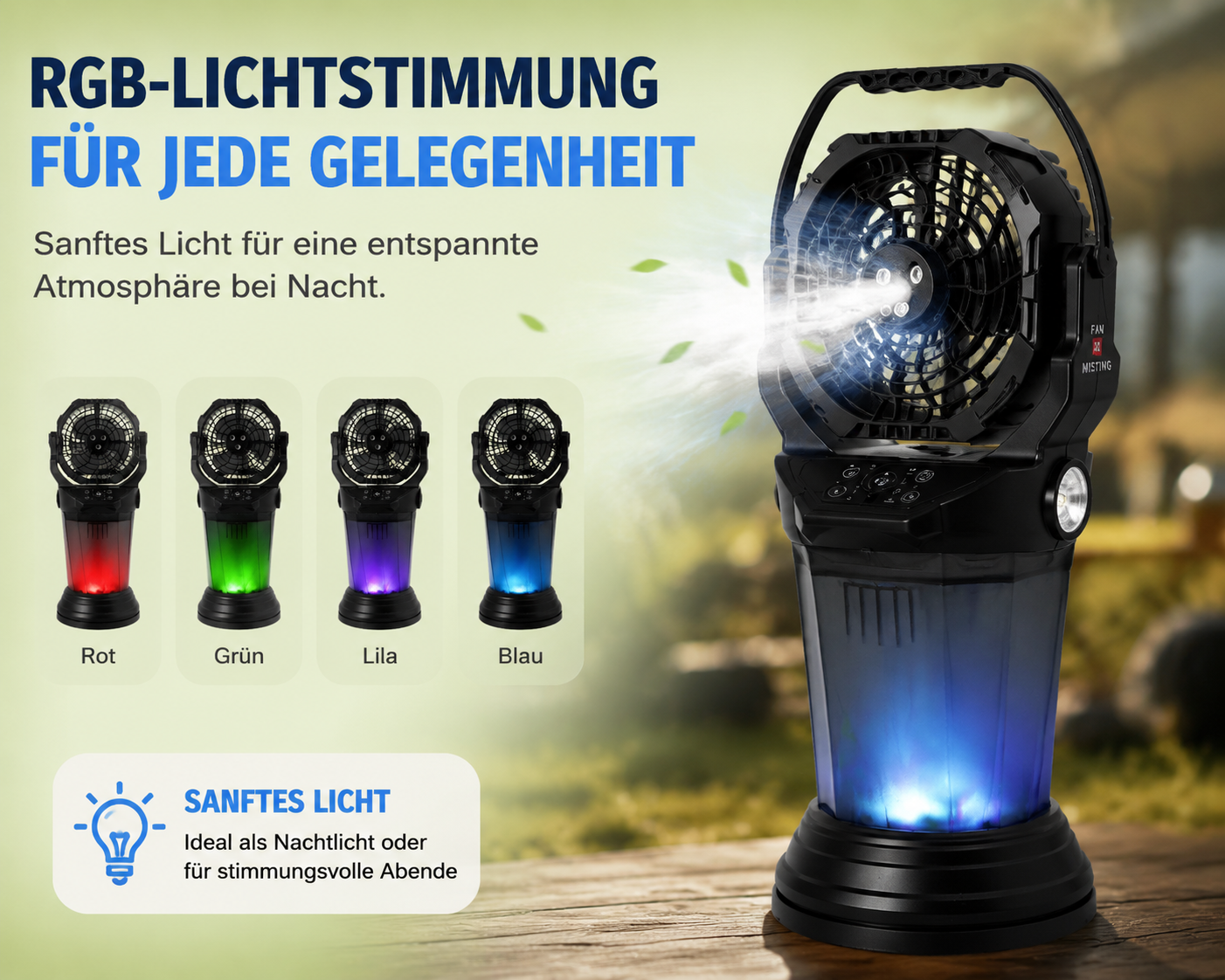 Ein tragbarer Lüfter mit RGB-Licht, der rot, grün, lila und blau leuchtet.