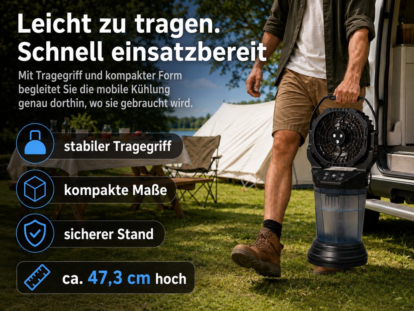 Mann hält einen schwarzen mobilen Kühler mit Wasserbehälter im Freien, Camping-Szene.