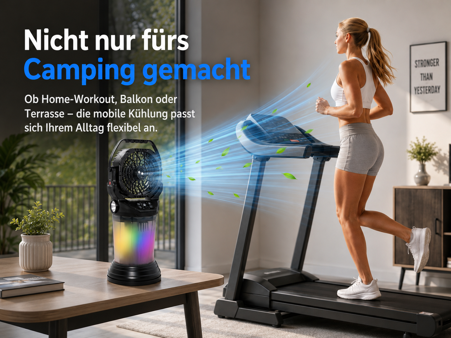 Eine Frau läuft auf einem Laufband, während ein Ventilator Luft und Blätter bläst.