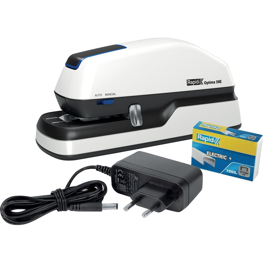 Ein weißer Rapid Optima 20E Elektrischer Tacker mit Netzteil und Heftklammern.