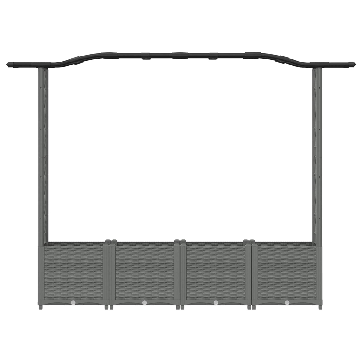 Grauer modularer Hochbeet mit gebogenem schwarzem Baldachinrahmen.