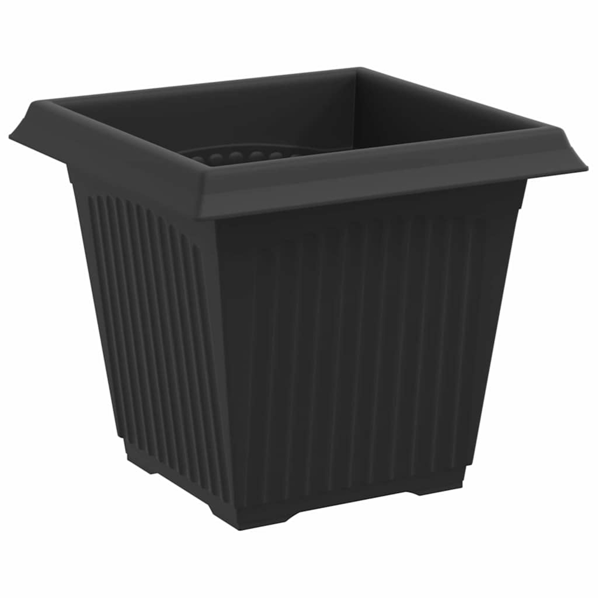 Un vaso quadrato nero con costolature verticali e bordo largo.
