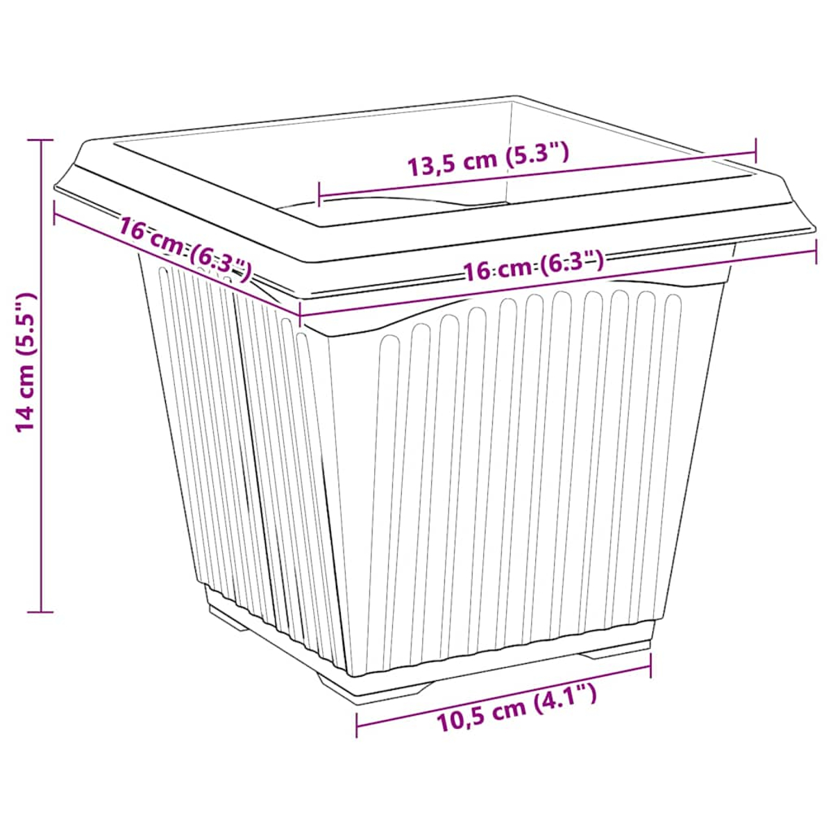 Disegno al tratto di un vaso quadrato con dimensioni etichettate in cm e pollici.