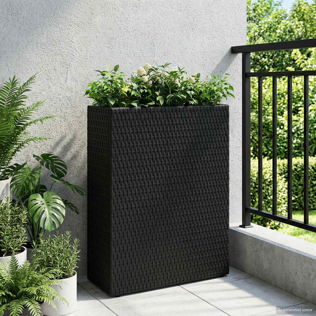 Un fioriera nera in rattan con piante verdi su un balcone con ringhiera.