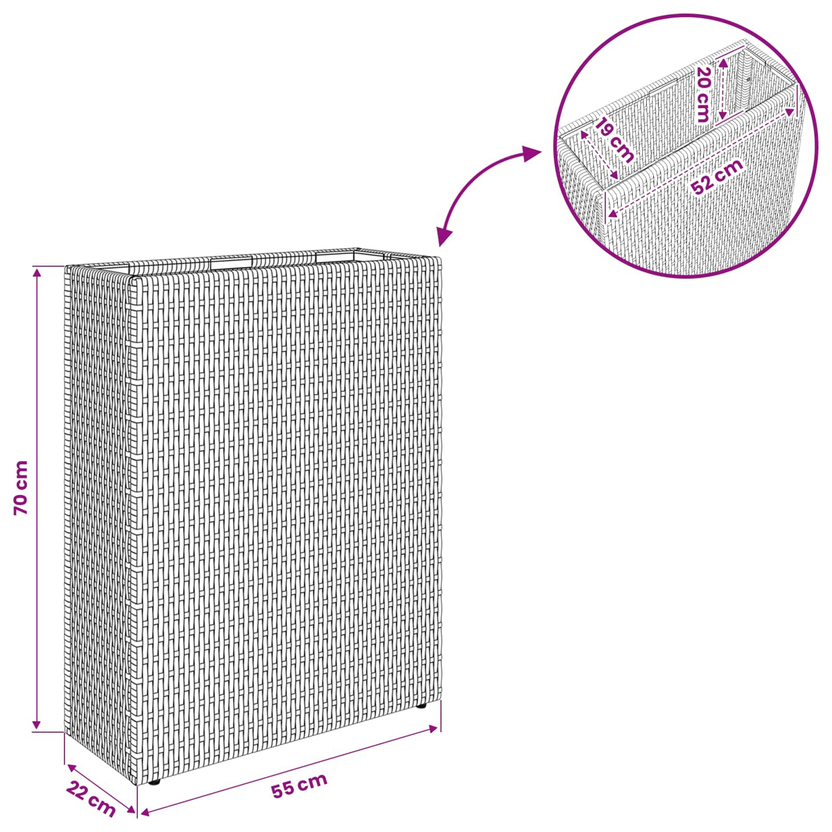Cesto rettangolare con motivo intrecciato. Dimensioni: 70 cm H, 55 cm L, 22 cm P.