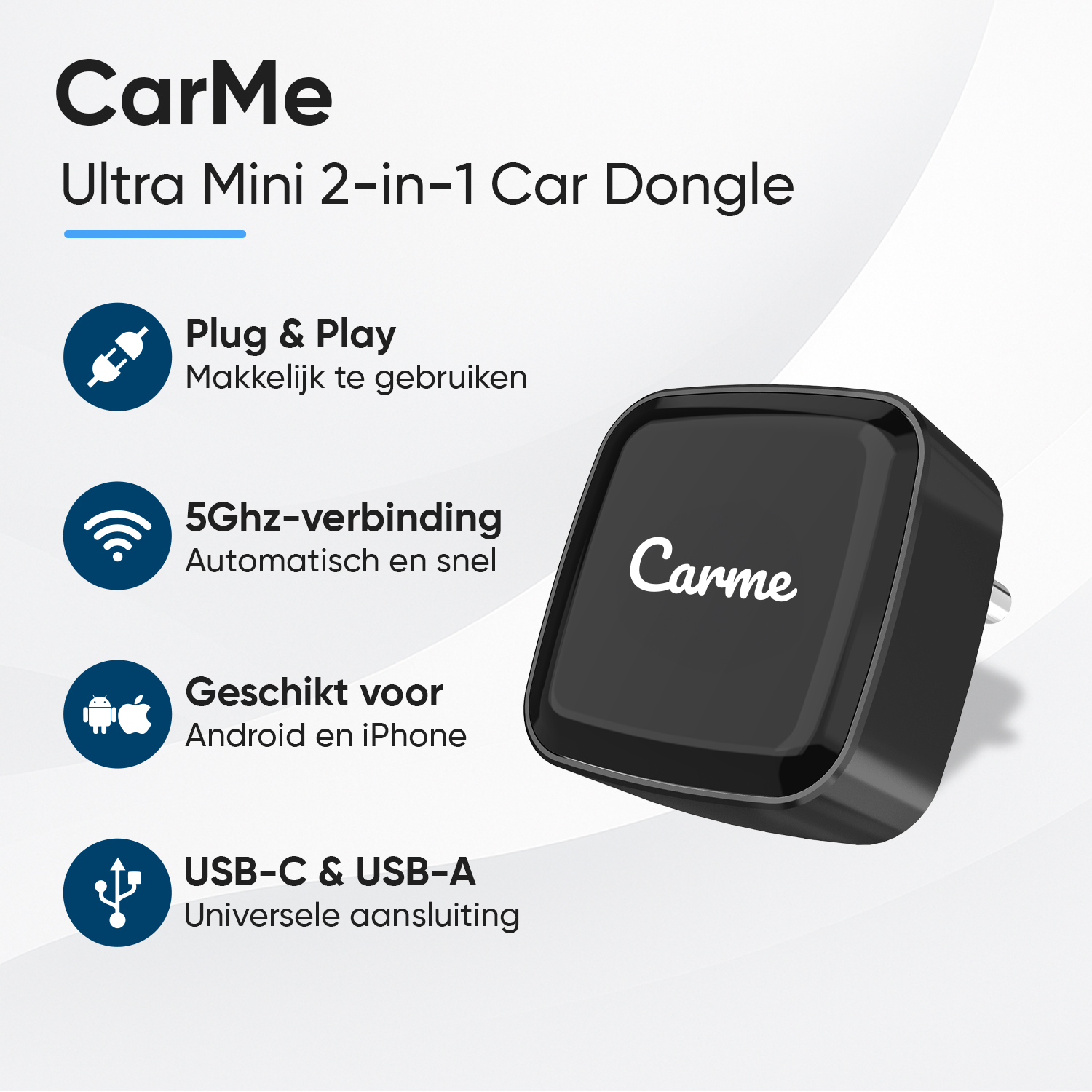 CarMe Ultra Mini 2-in-1 Auto Dongle: Plug & Play, 5GHz, Android/iPhone, USB-C/A.