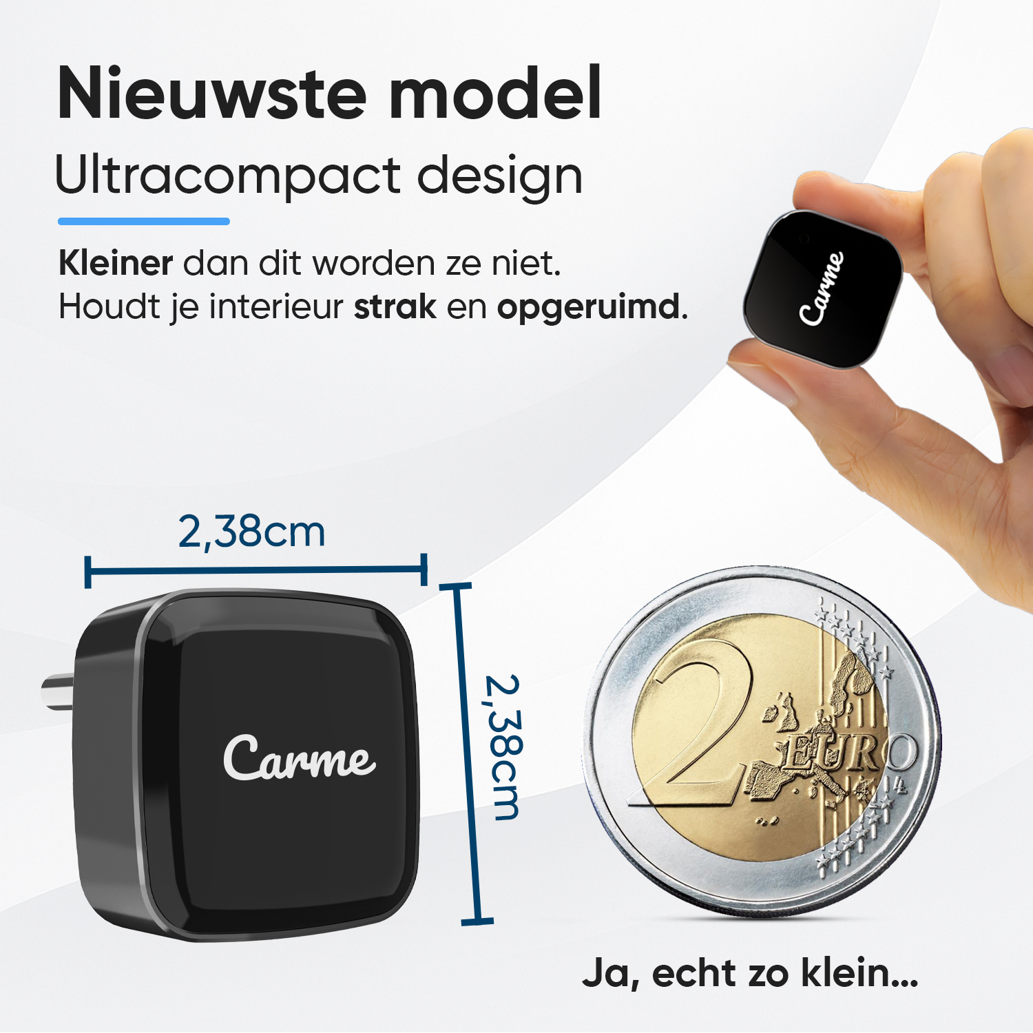 Een compacte zwarte stekker van 2,38cm wordt naast een 2 euro munt getoond.