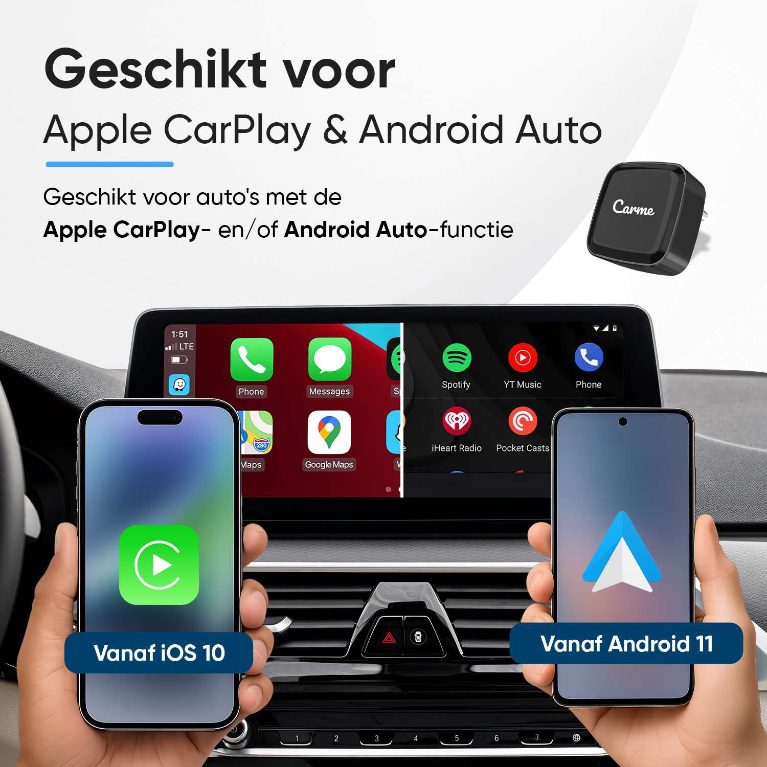 Autodashboard toont Apple CarPlay en Android Auto. Telefoons met respectievelijke logo's worden weergegeven.
