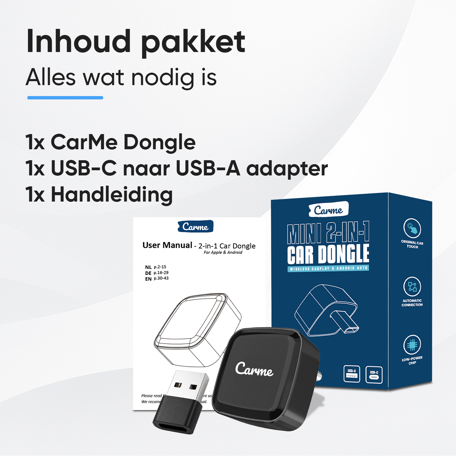 CarMe 2-in-1 Dongle, USB-C naar USB-A adapter, en handleiding.