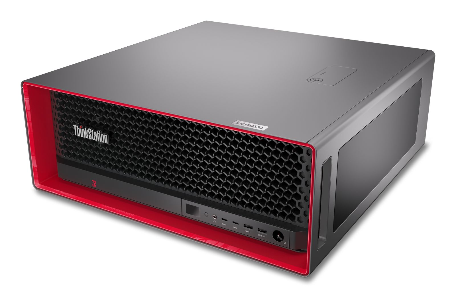 Un PC grigio Lenovo ThinkStation con cornice rossa e frontale a nido d'ape.