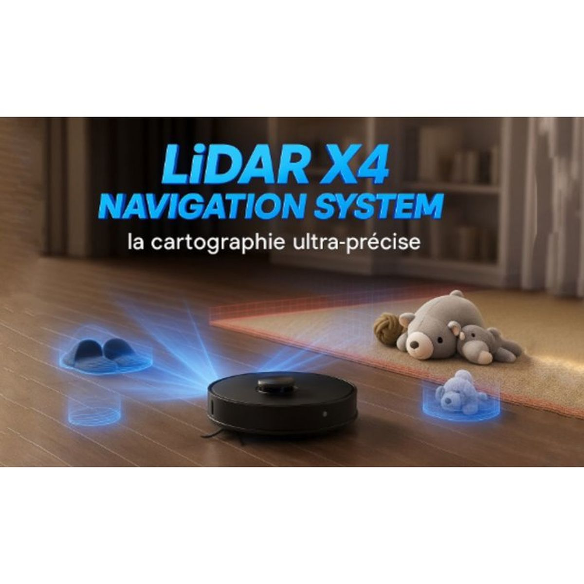 Un robot aspirapolvere nero con navigazione LiDAR X4 su parquet.