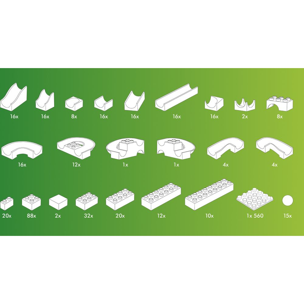 Divers blocs de construction blancs disposés en rangées, y compris des courbes, des rails et des plaques plates.