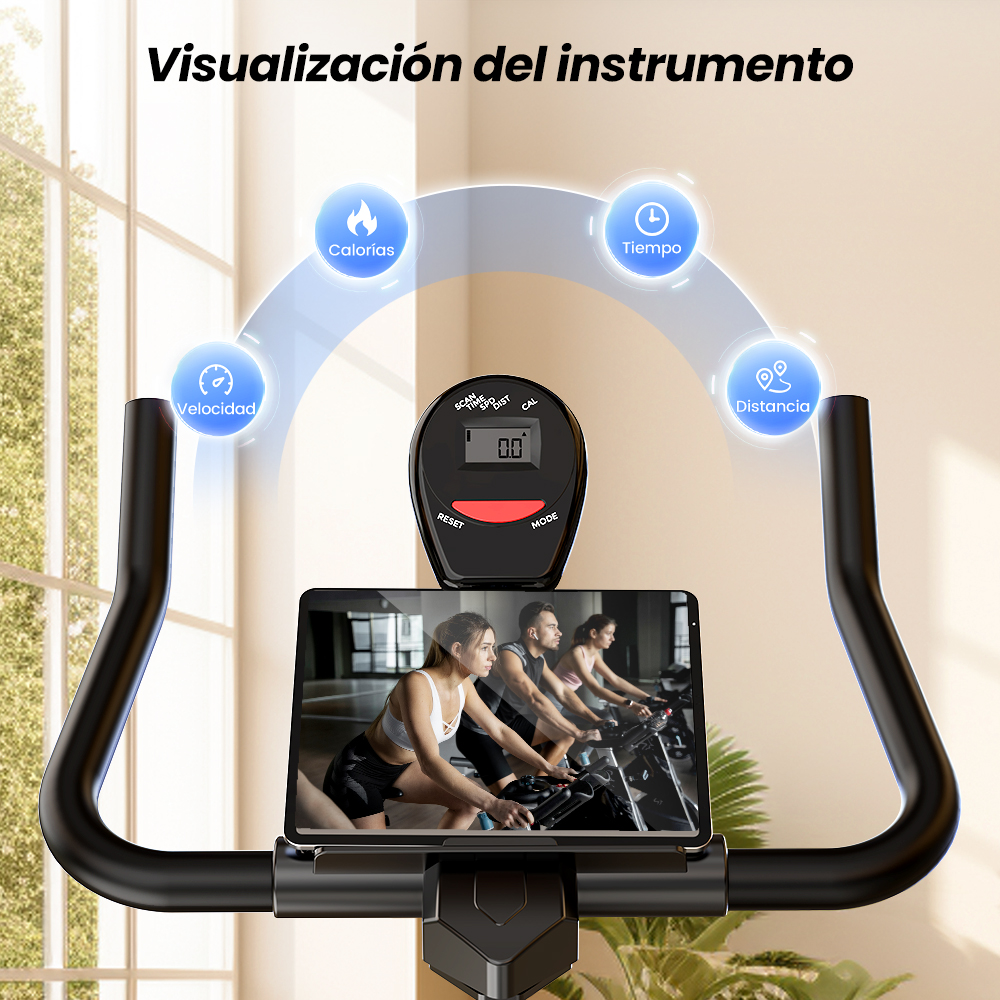Consola de bicicleta estática con iconos de velocidad, calorías, tiempo y distancia sobre una tablet.