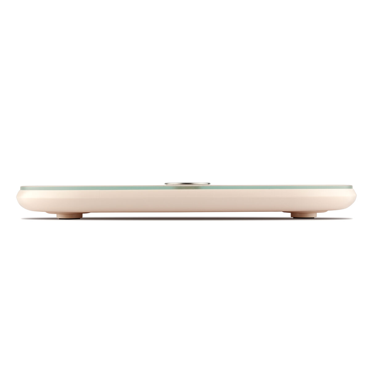 Una báscula de baño elegante, color crema, con tapa de cristal, sobre fondo blanco.