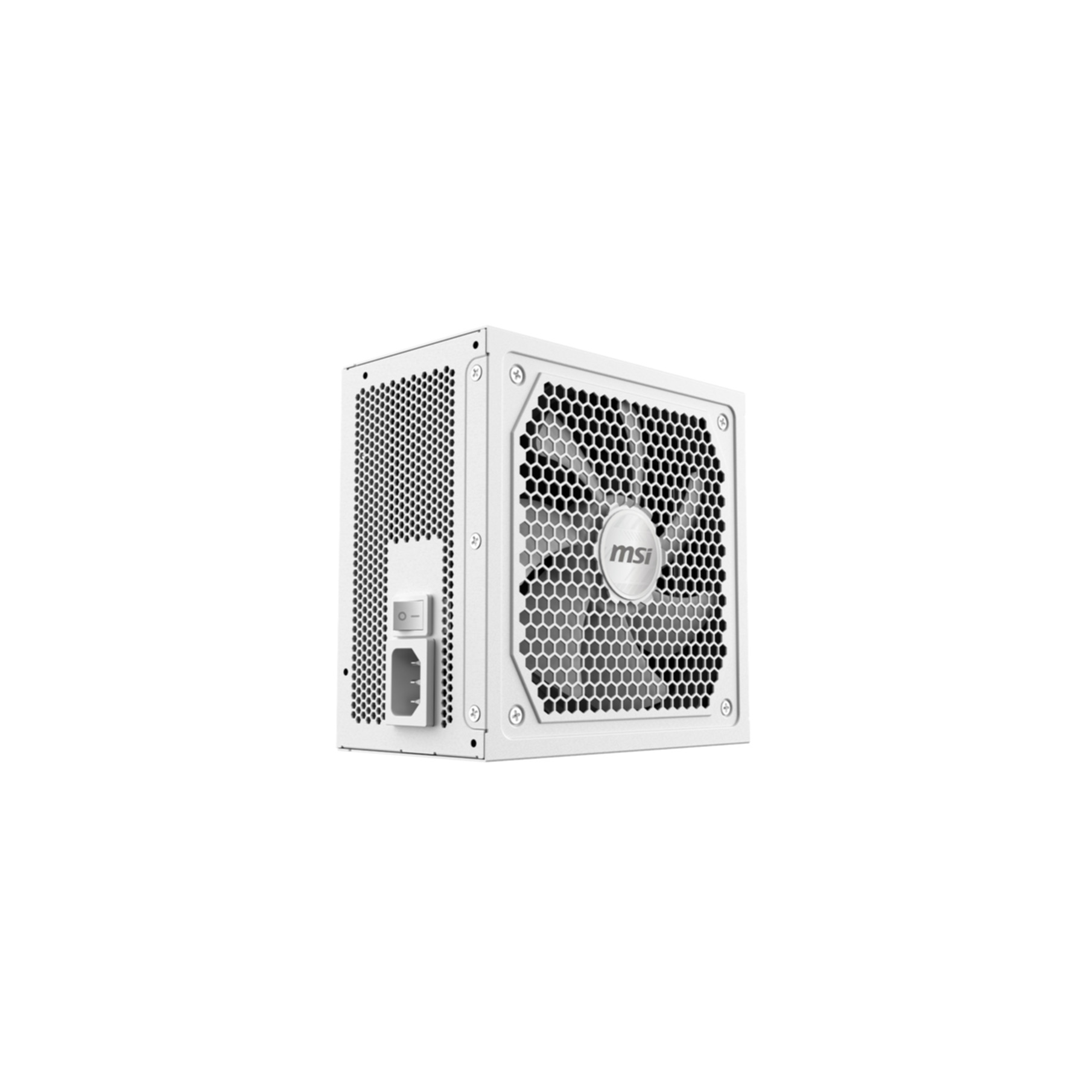 MSI logolu, fanlı beyaz bir güç kaynağı.