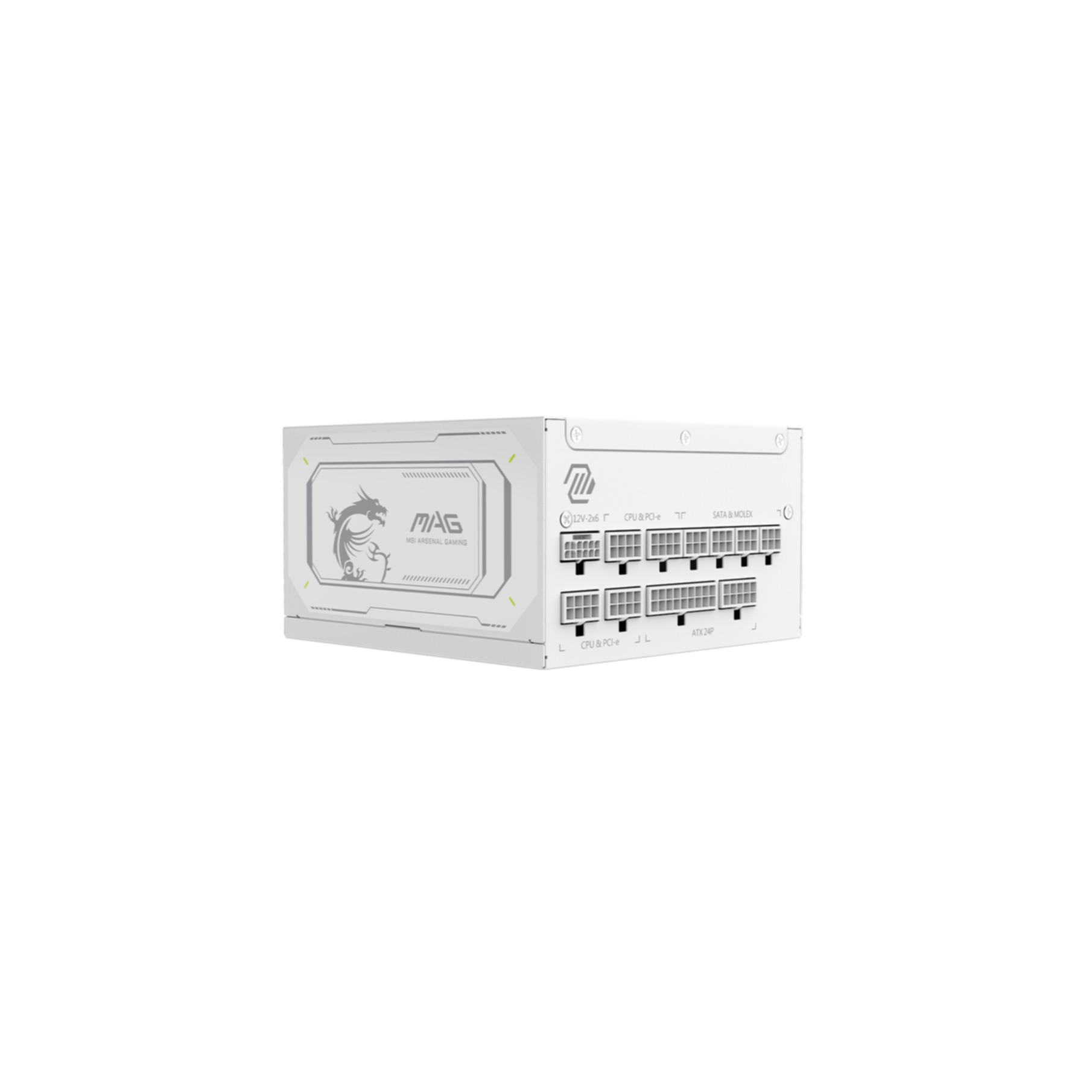 Ejderha logolu beyaz güç kaynağı ve portları: 12V-2x6, CPU & PCI-e, SATA & MOLEX, ATX 24P.