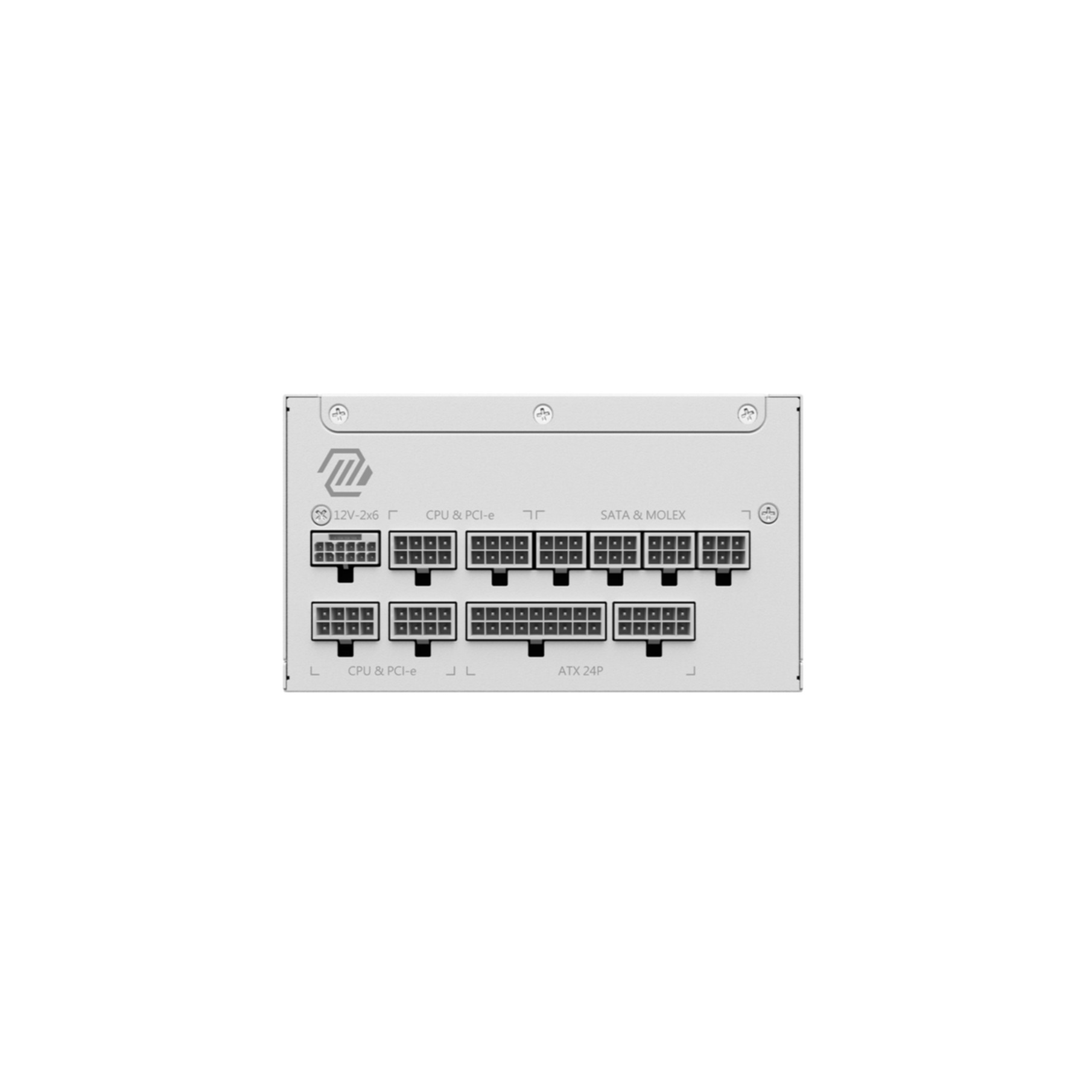 Çoklu bağlantı noktasına sahip beyaz bir güç kaynağı: 12V-2x6, CPU & PCI-e, SATA & MOLEX, ATX 24P.