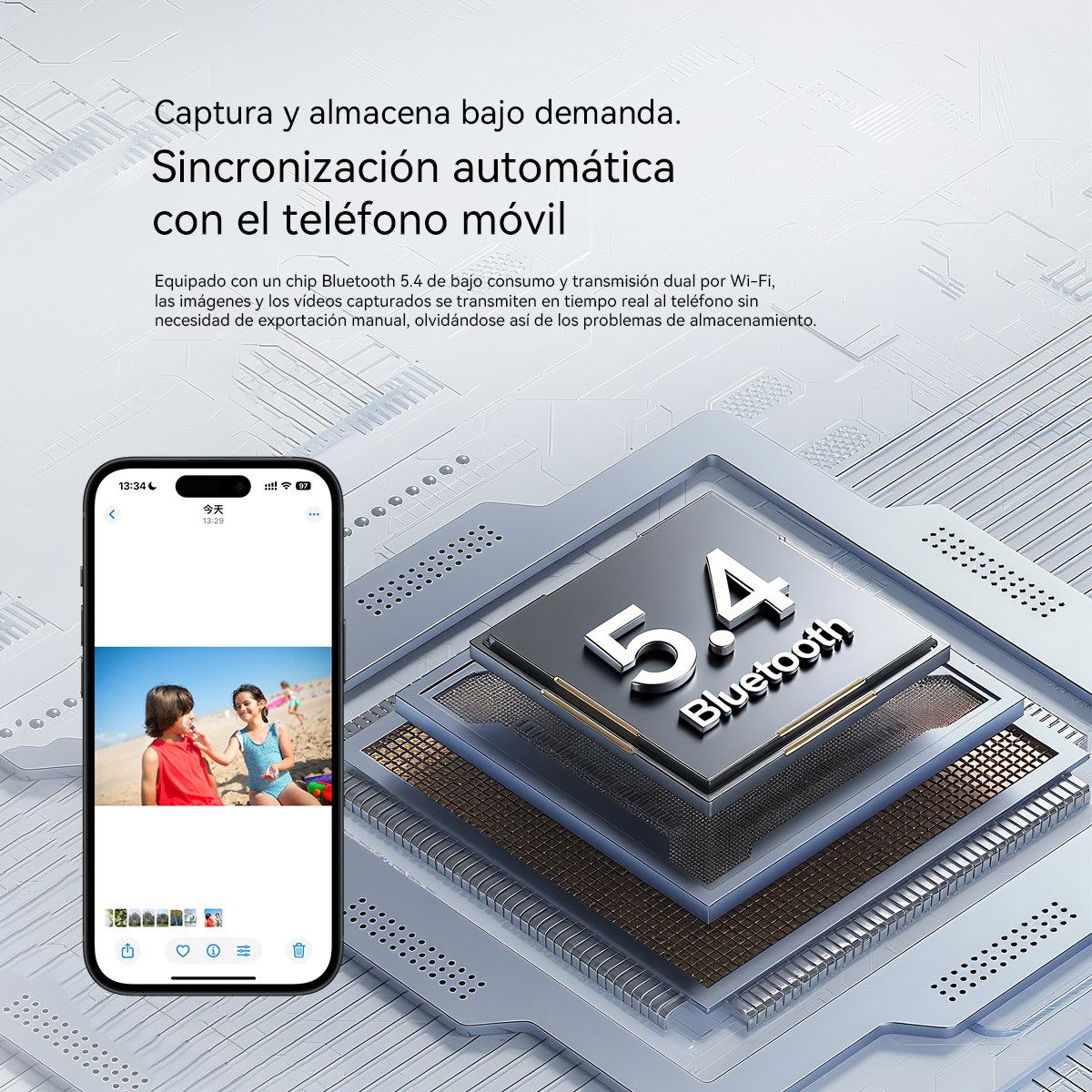 Un smartphone muestra fotos junto a un chip Bluetooth 5.4.